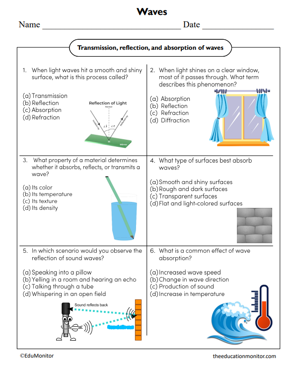 Characteristics of Waves: Part 1 worksheet for sixth graders exploring wave properties