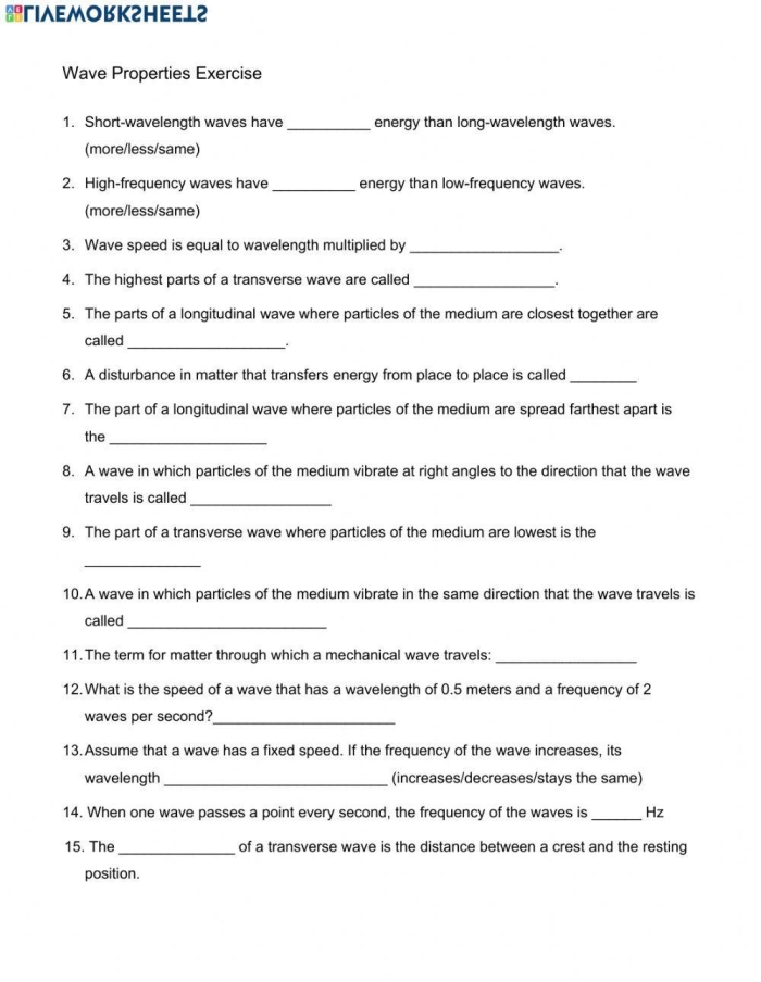Characteristics of Waves: Part 1 worksheet for sixth graders exploring wave properties