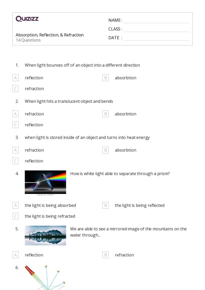 Transmission, Absorption, and Reflection Worksheet for Sixth Graders Waves interacting with various materials illustrated in a sixth-grade worksheet