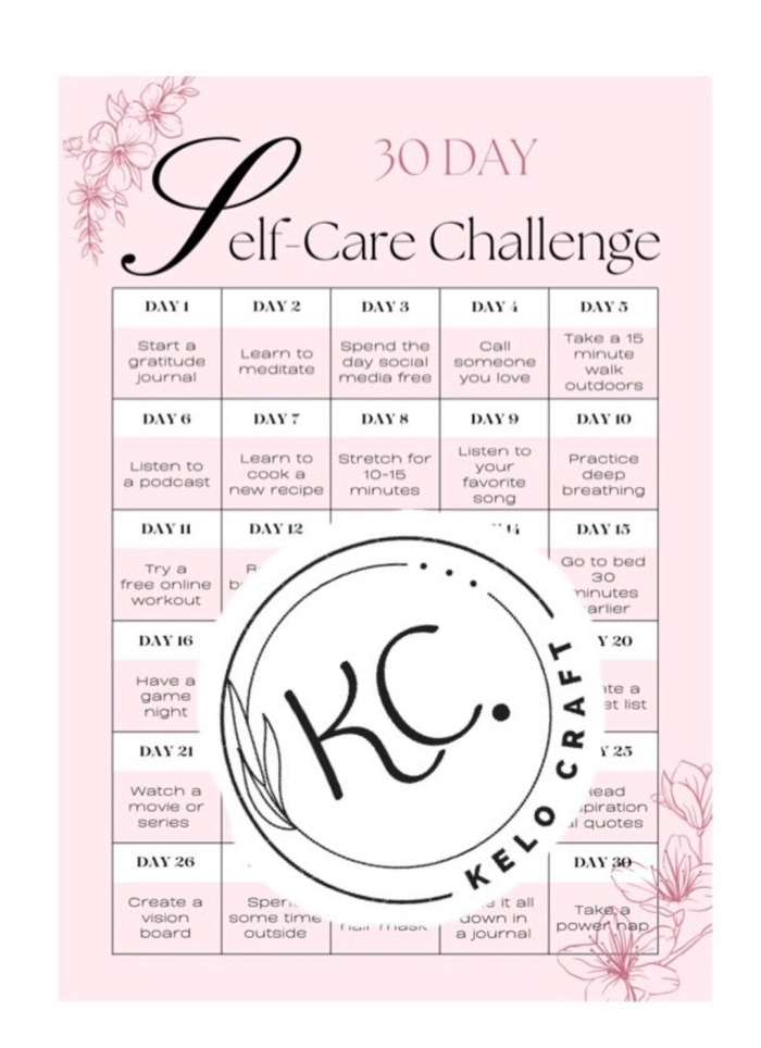 Self-Care Challenge worksheet for sixth graders with 30 days of self-care activities