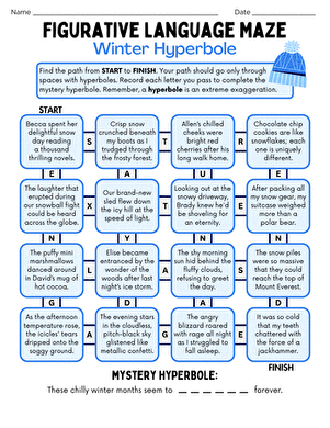 A winter-themed maze worksheet where students trace paths while identifying hyperbole examples in sentences about snow and cold weather