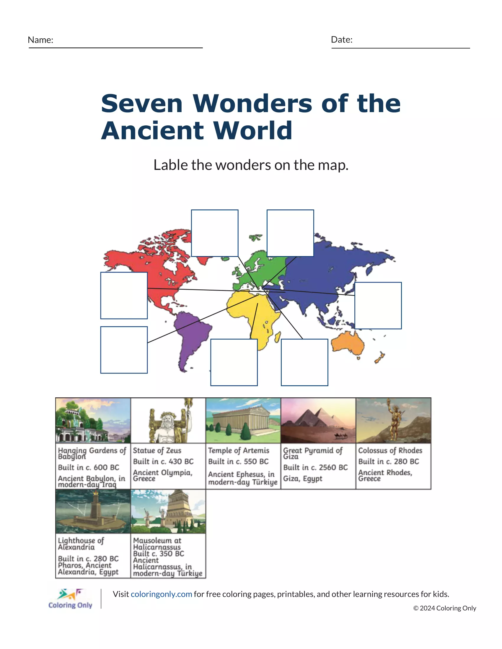 Students exploring the New Seven Wonders of the World through an interactive research worksheet activity for sixth grade math