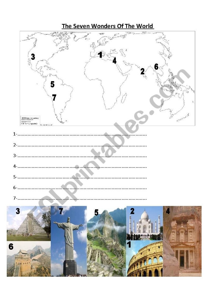 Students researching the New Seven Wonders of the World landmarks on a worksheet with globe and travel theme
