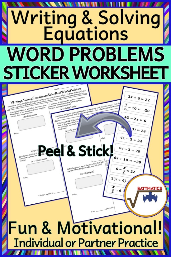 Worksheet featuring word problems requiring algebraic equations for sixth graders