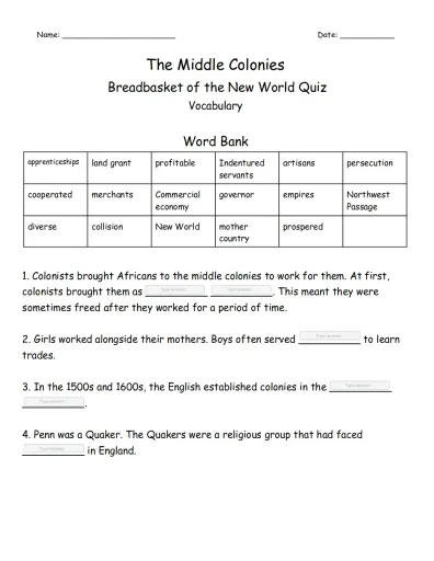 Worksheet illustrating the characteristics of the three American Colonies regions in the 1700s