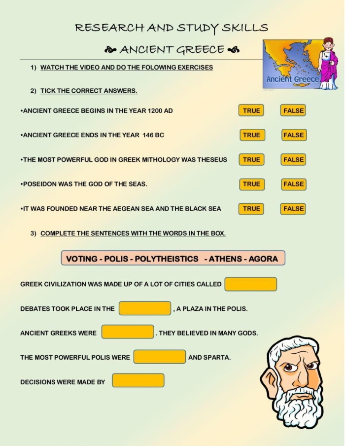 Sixth grade history worksheet detailing the four distinct forms of ancient Greek government
