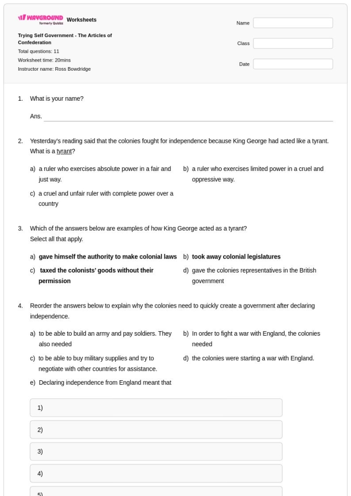 Educational resource exploring the structure and impact of the Articles of Confederation Worksheet analyzing the Articles of Confederation and their limitations for sixth grade students