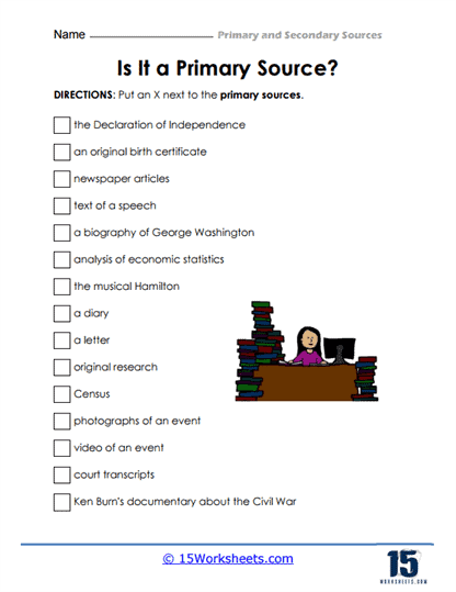 Sixth grade social studies worksheet for distinguishing between primary and secondary sources