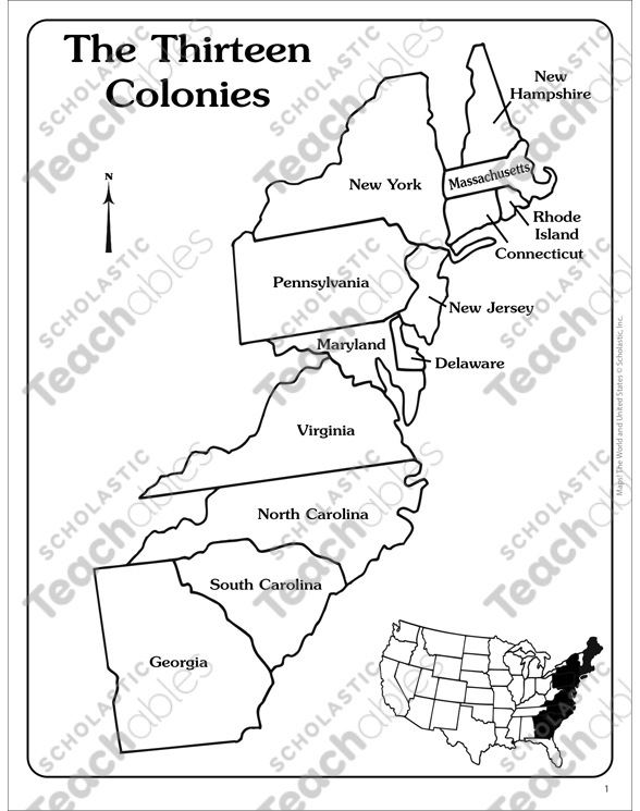 Sixth grade worksheet featuring a map and information about the New England Middle and Southern colonies