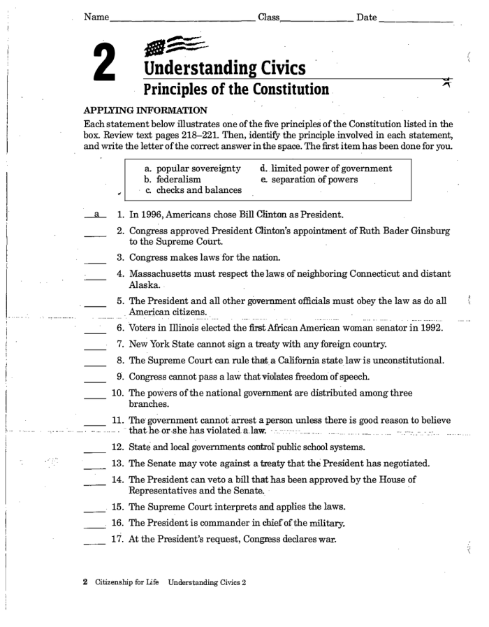 Sixth grade social studies worksheet covering the six guiding principles of the U.S. Constitution