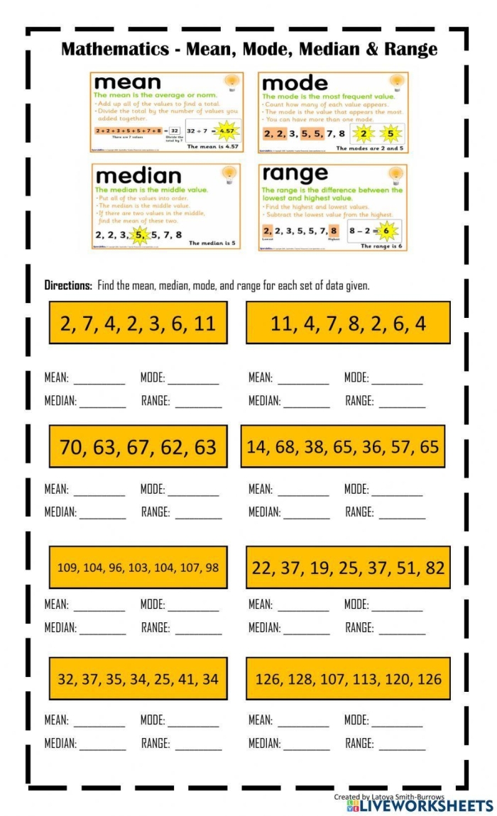 Sixth grade math worksheet for identifying mean median mode and range of statistical data sets