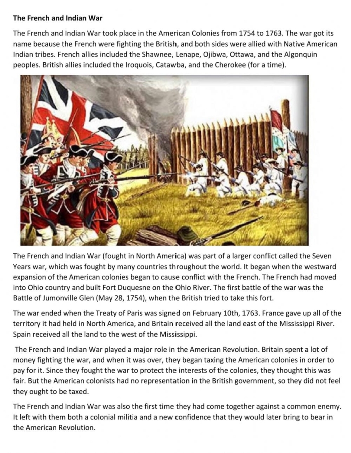 Educational resource for understanding the French and Indian War: Causes and Outcome worksheet Worksheet covering the French and Indian War, detailing causes and outcomes for sixth graders