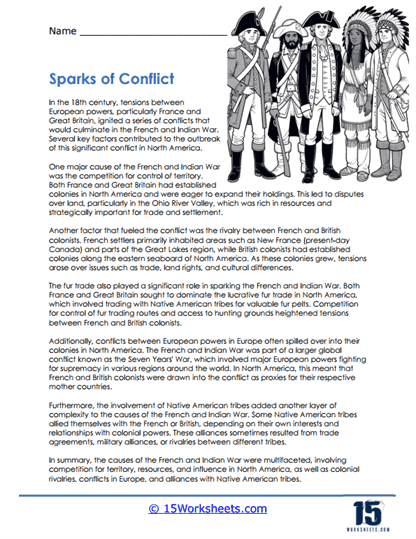 French and Indian War Worksheet: Causes and Outcomes for Social Studies Illustration of a two-page worksheet about the French and Indian War for sixth-grade students