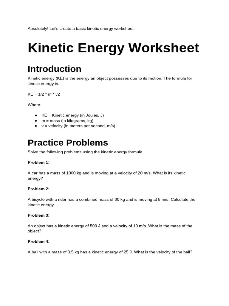 Kinetic Energy and Temperature Change Worksheet for Students Engaging worksheet for sixth graders on kinetic energy and temperature change through a fictional experiment
