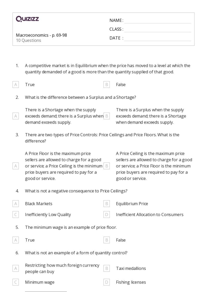 Economics worksheet on shortages and surpluses for understanding price changes Worksheet illustrating the concepts of shortage, surplus, and pricing for sixth-grade students
