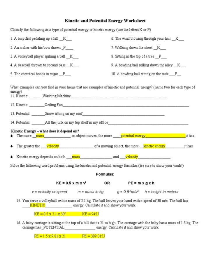 Students analyzing potential energy concepts in a physical science worksheet