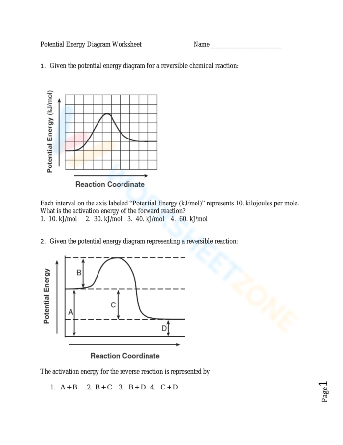 Students analyzing potential energy concepts on a worksheet