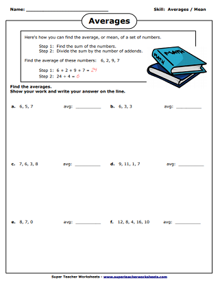 Sixth grade math worksheet for students practicing how to calculate the mean of a data set