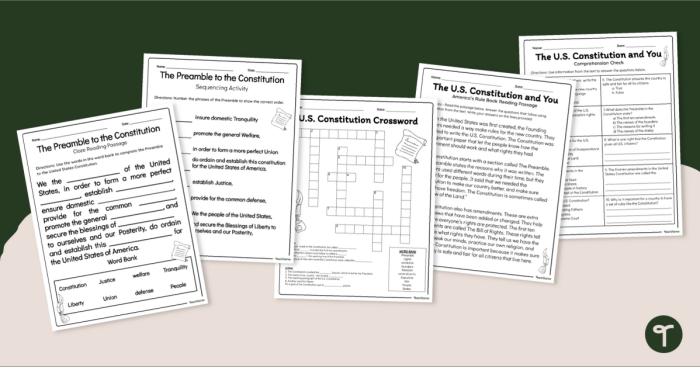Sixth grade social studies worksheet covering the Preamble of the US Constitution and the 1787 Convention