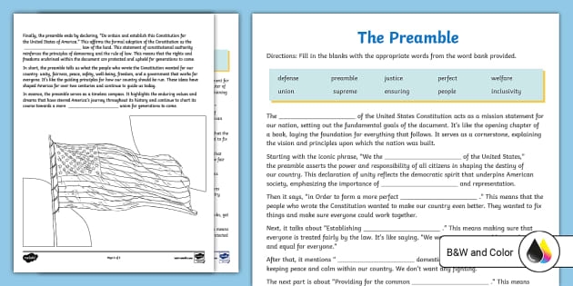 Sixth grade student worksheet about the Preamble of the United States Constitution featuring historical information from 1787