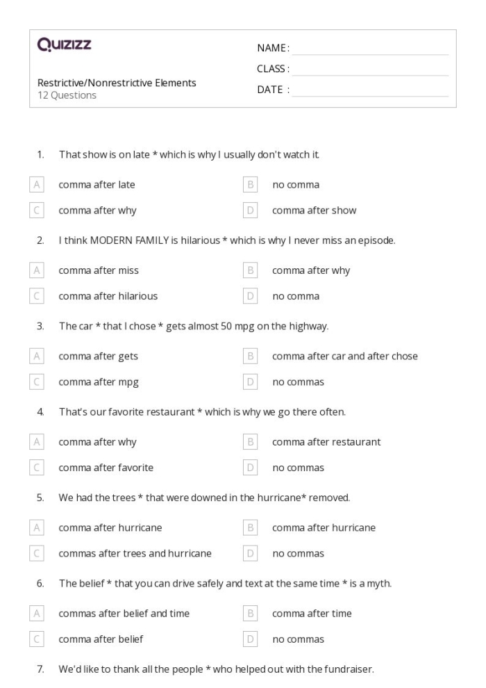Grammar practice worksheet titled "What Does the Punctuation Suggest?" for identifying sentence elements. Worksheet for understanding restrictive and nonrestrictive elements in grammar for sixth graders.