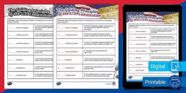 Students exploring the guiding principles of the U.S. Constitution in a worksheet activity. Engaging sixth-grade social studies worksheet on the U.S. Constitution's principles.