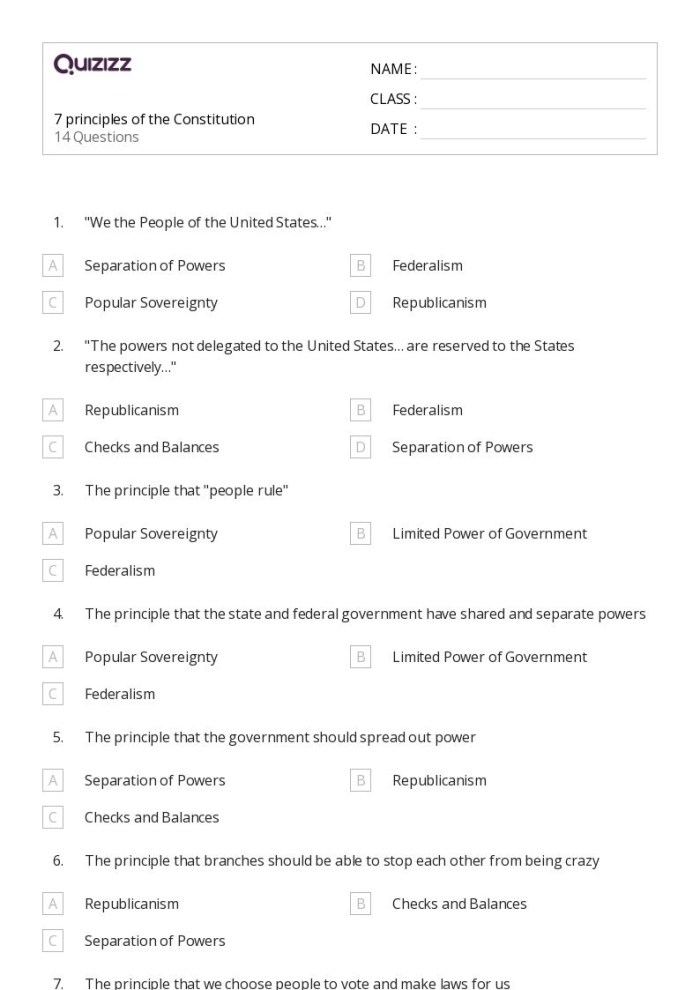 Student examining the U.S. Constitution guiding principles worksheet for sixth grade social studies