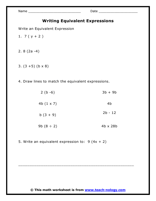 Worksheet for sixth graders on writing equivalent expressions using addition and multiplication properties