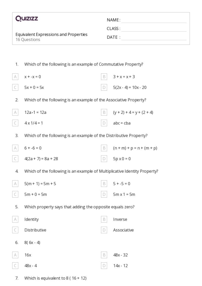 A sixth-grade student completes a worksheet focused on writing equivalent expressions using algebraic properties.