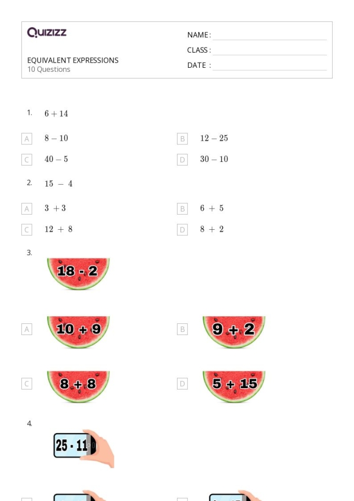 Sixth grade math worksheet showing algebraic expressions to practice addition and multiplication properties