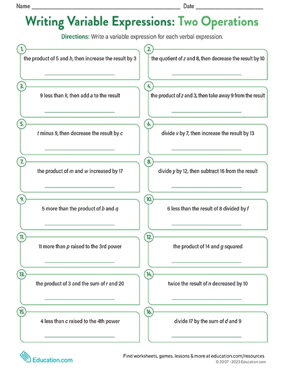 Sixth grade geometry student practicing writing expressions with variables on a printable worksheet