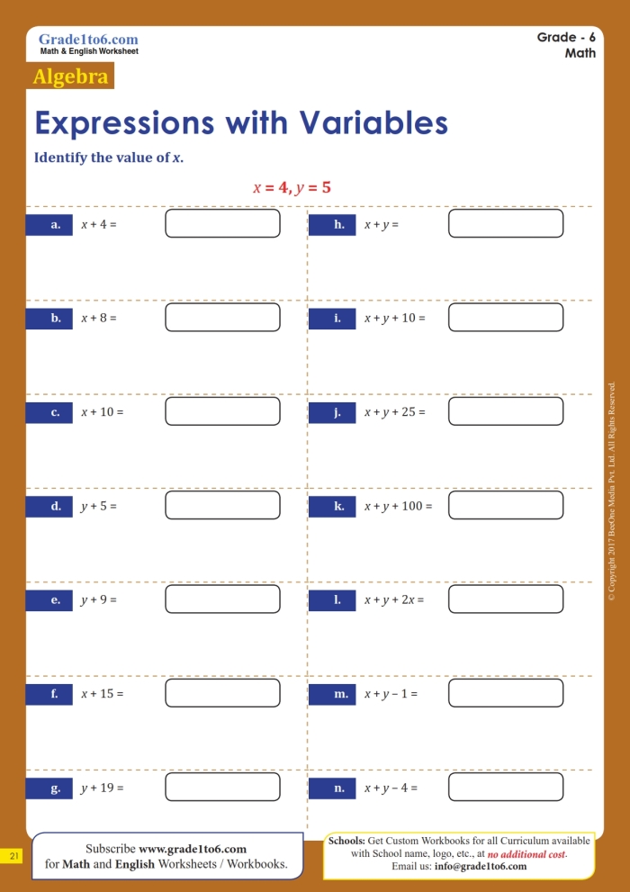 Sixth grade geometry worksheet featuring exercises for writing algebraic expressions with variables