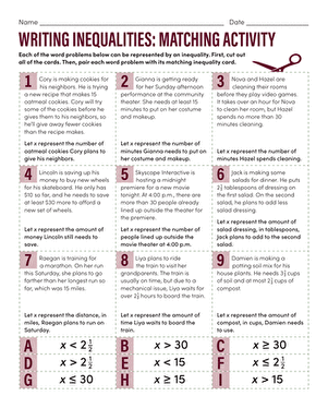 Worksheet featuring a matching activity for writing inequalities and word problems