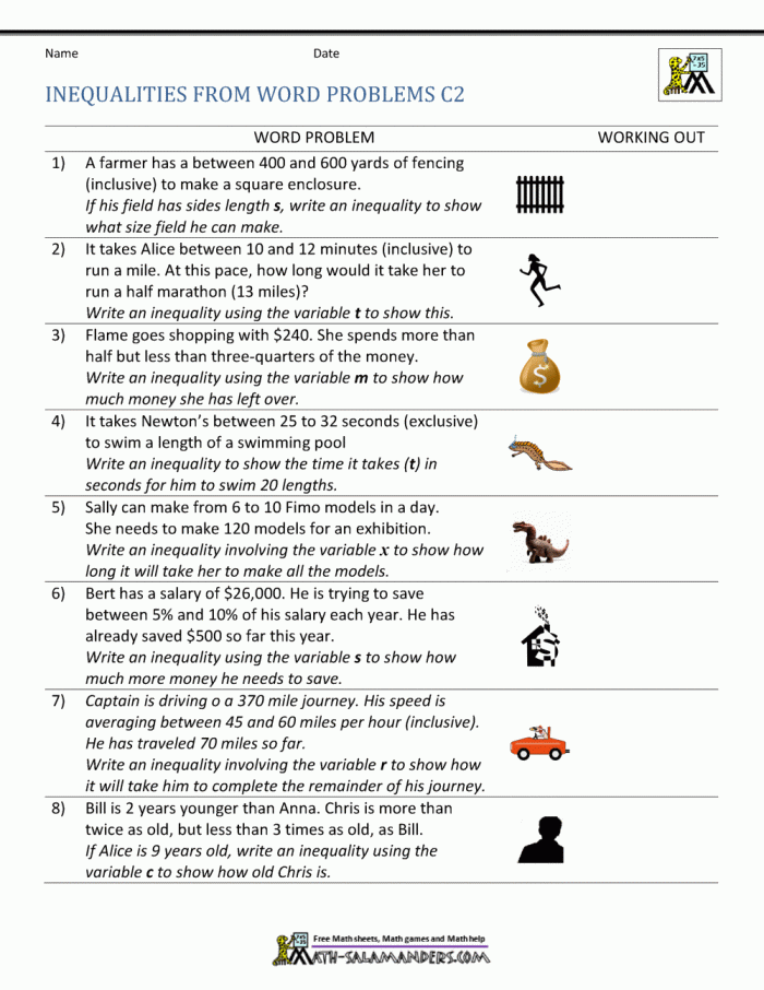 Sixth grade student completing a math worksheet on writing real-world inequalities with variables