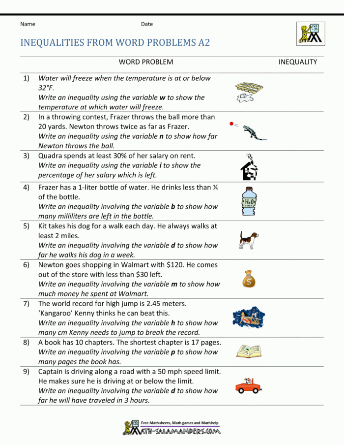 Sixth grade student working on a math worksheet about writing inequalities from real-world scenarios