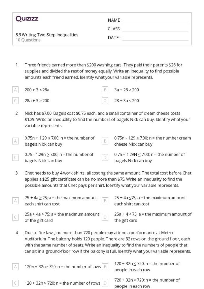 Sixth grade math worksheet for writing inequalities based on real-world scenarios