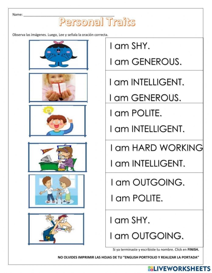 Reflective writing prompt on personality traits for sixth graders Worksheet featuring a writing prompt for students to explore their personality traits