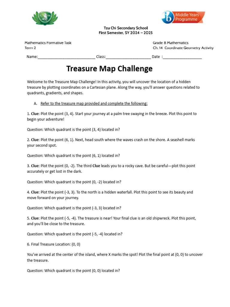 Sixth grade students plotting coordinates on a four quadrant grid to locate hidden treasure gems