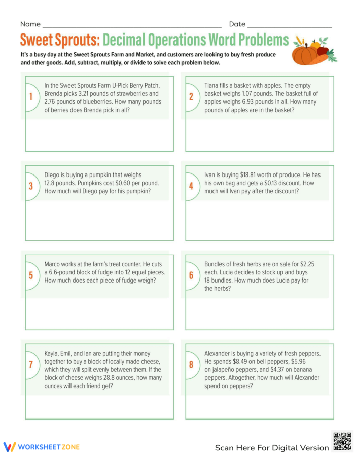 Sweet Sprouts worksheet showing decimal addition and subtraction practice problems for middle school math Sixth grade students solving decimal operations word problems on a math worksheet with plant growth theme
