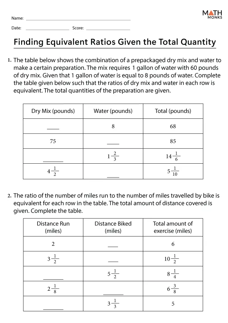 Sixth grade students practicing how to identify and write equivalent ratios on a math worksheet