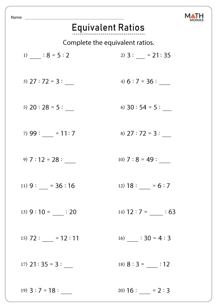 Sixth grade student working through equivalent ratios problems on a practice worksheet with ratio pairs and multiplication factors