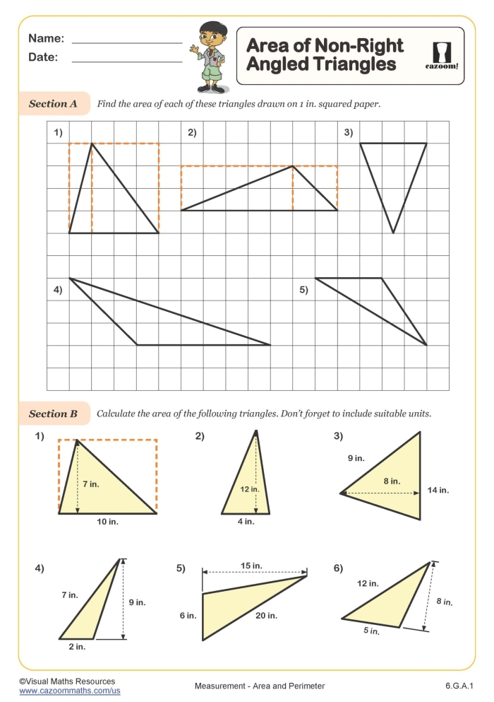 Sixth Grade Geometry: Finding the Area of Right Triangles Practice Activity 12 A sixth grade student working through triangle area practice problems on a geometry worksheet with colorful shapes and step-by-step instructions