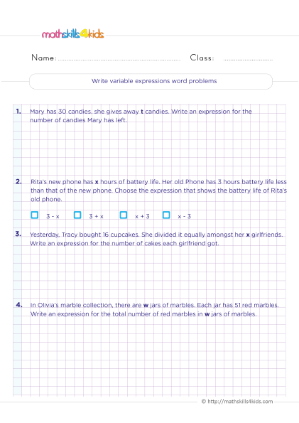 Sixth-grade student solving mixed operation word problems to write algebraic expressions on a worksheet