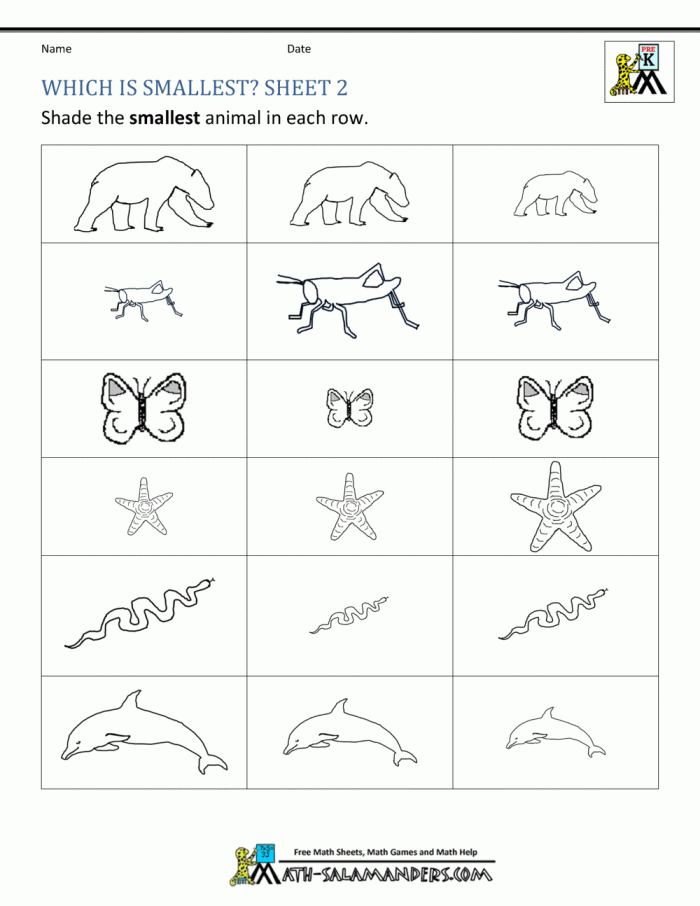 Pre-K phonics worksheet for practicing size comparison and spatial reasoning