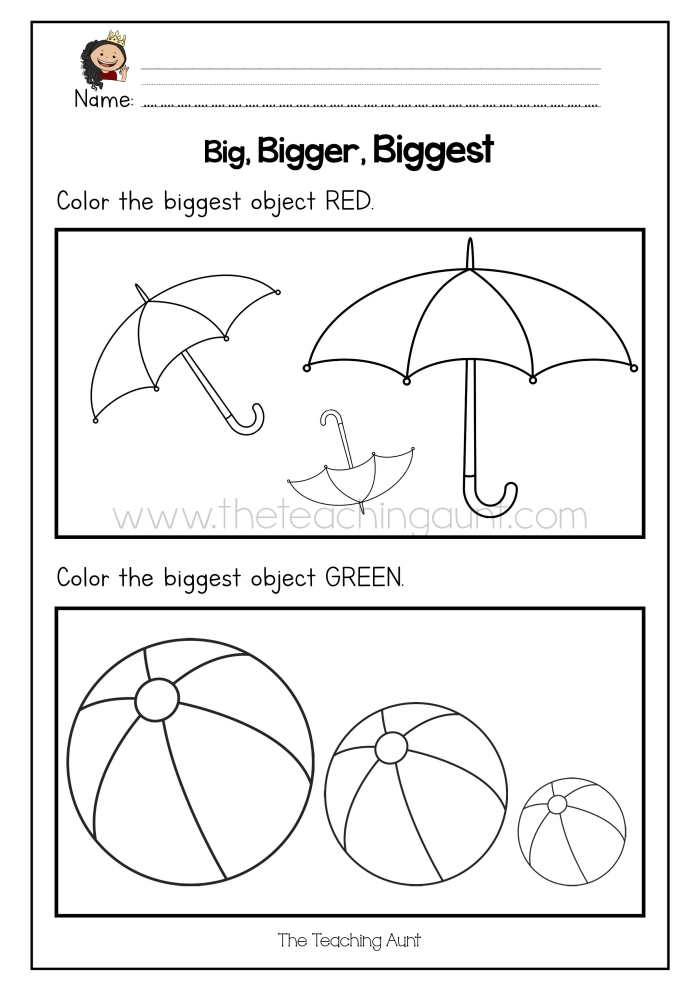Pre-K phonics worksheet focusing on size comparison with the prompt Which is bigger for lesson 12