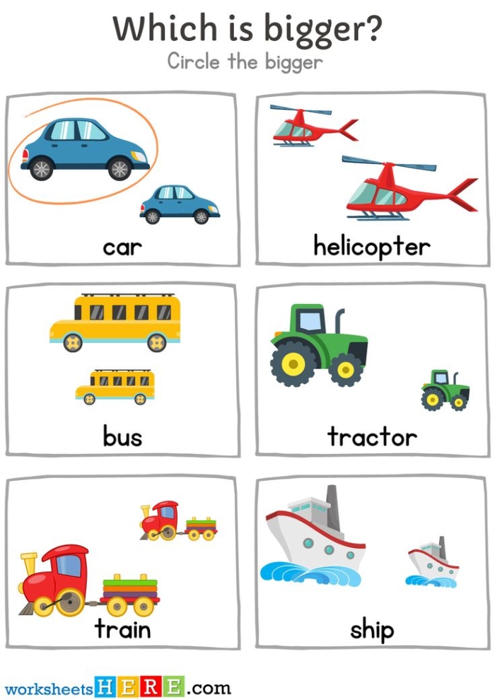 Pre-K phonics worksheet for practicing size comparison skills by identifying which object is bigger