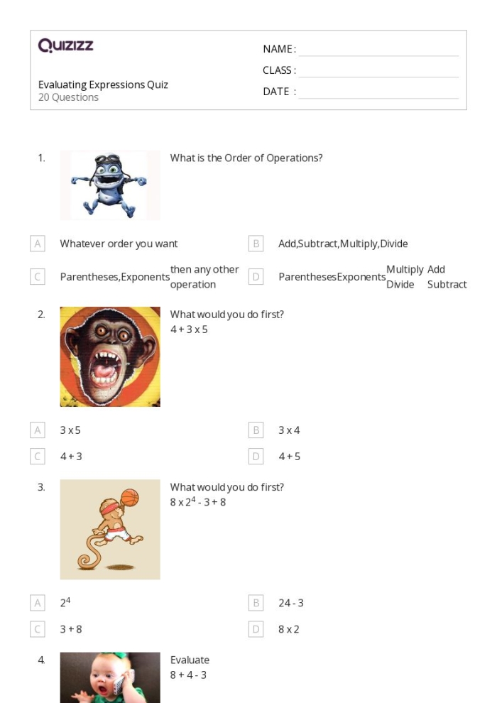 Worksheet featuring engaging word problems for writing and evaluating expressions
