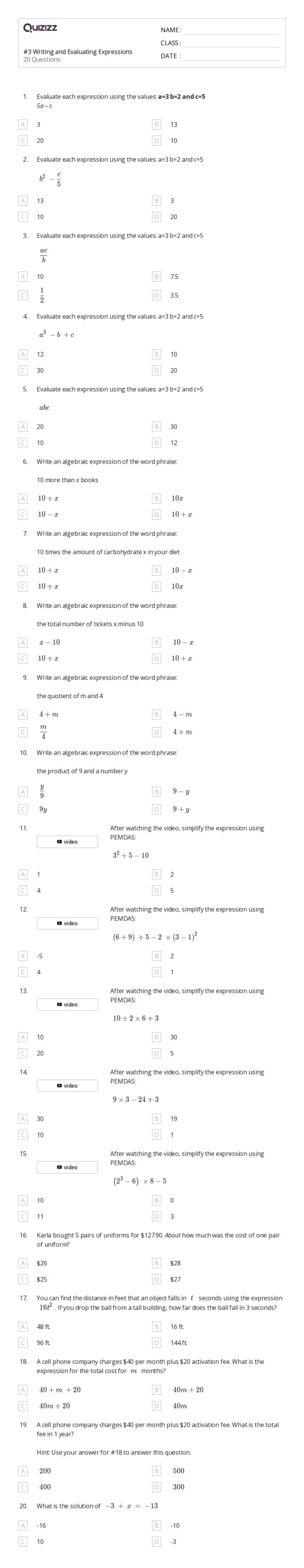 Worksheet featuring engaging word problems for writing and evaluating expressions in a skate team context