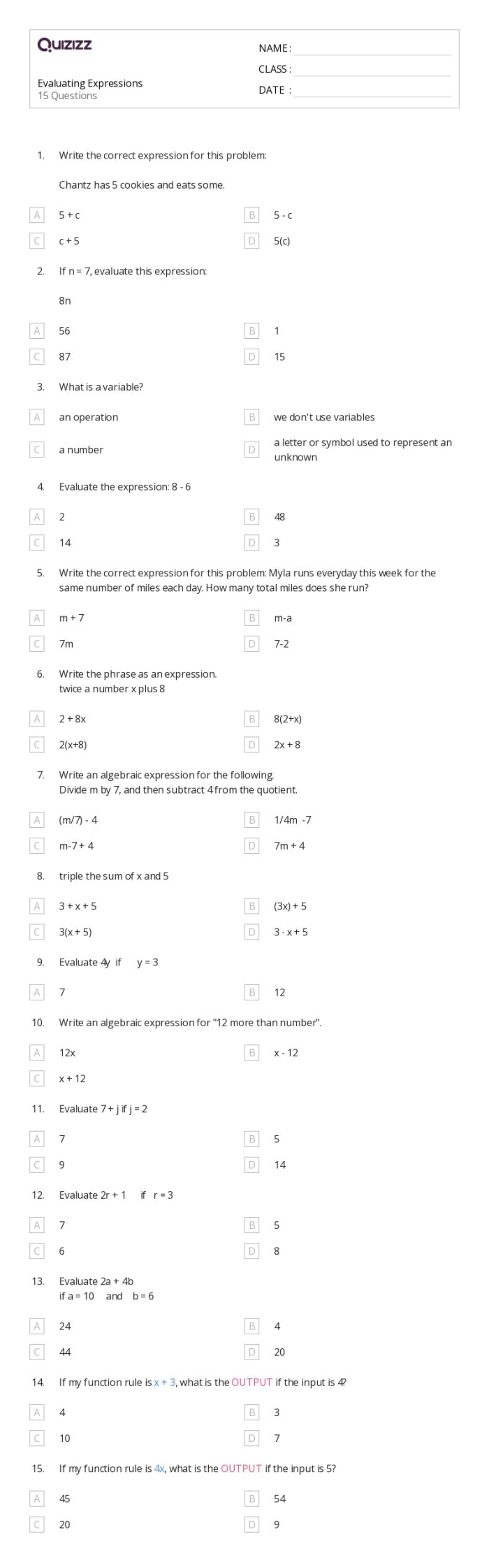 Worksheet featuring word problems for writing and evaluating expressions in skateboarding contexts