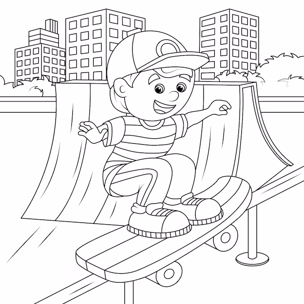 Kindergarten worksheet featuring a skateboarding coloring page for kids